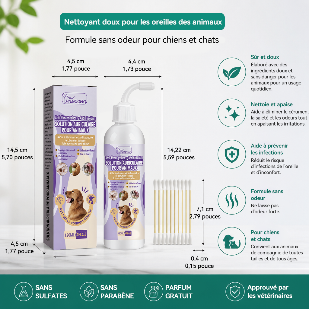 🍁💖Nettoyant doux pour les oreilles des animaux – Formule sans odeur pour chiens et chats