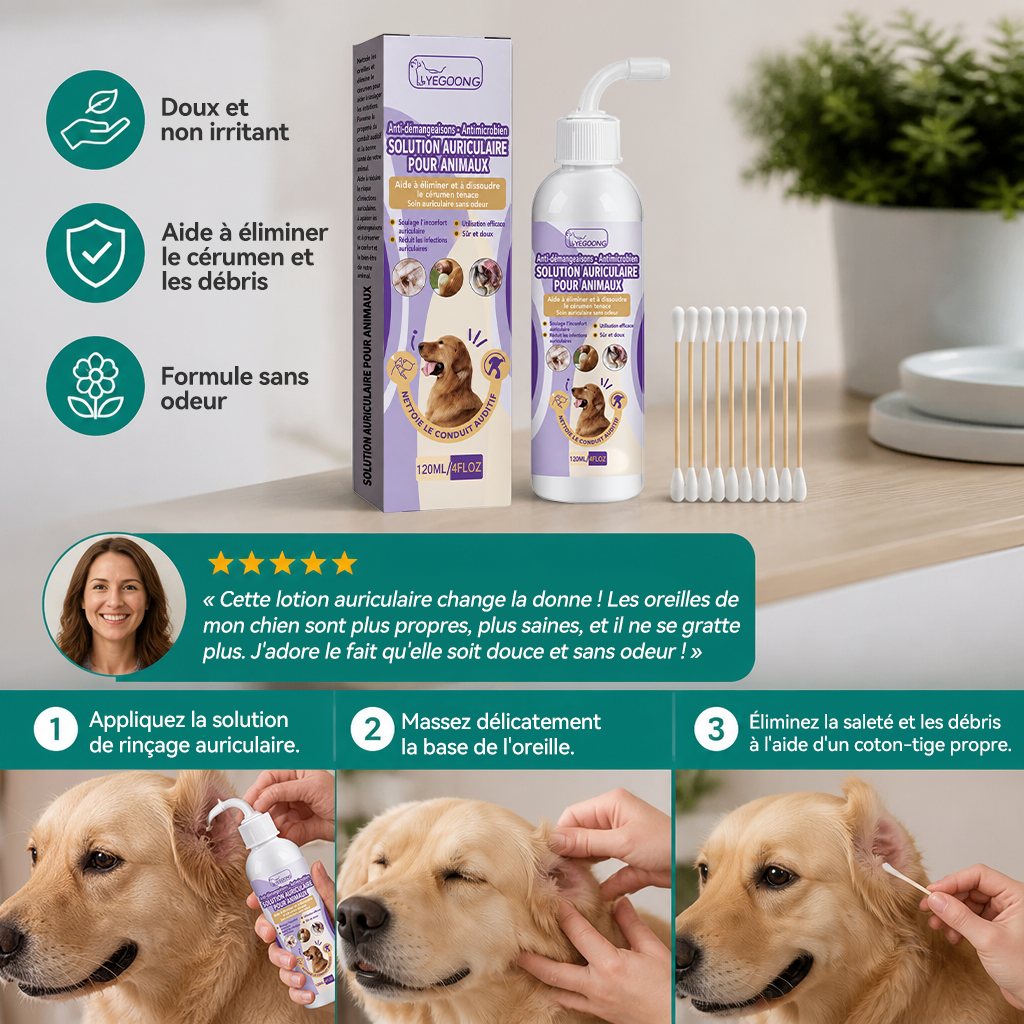 🍁💖Nettoyant doux pour les oreilles des animaux – Formule sans odeur pour chiens et chats
