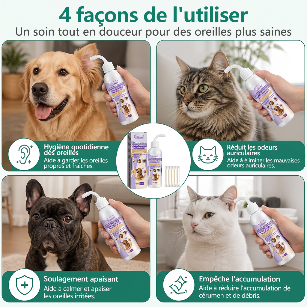 🍁💖Nettoyant doux pour les oreilles des animaux – Formule sans odeur pour chiens et chats