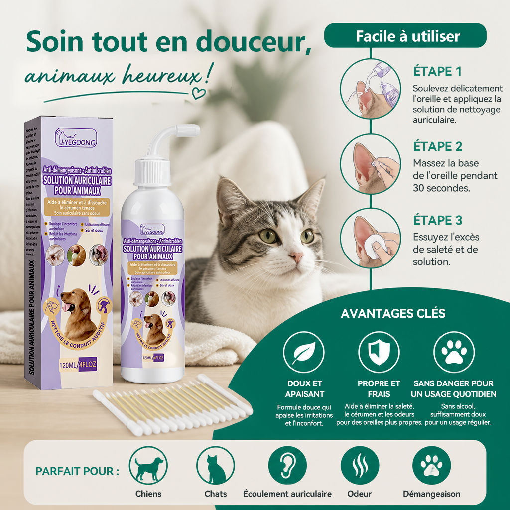 🍁💖Nettoyant doux pour les oreilles des animaux – Formule sans odeur pour chiens et chats